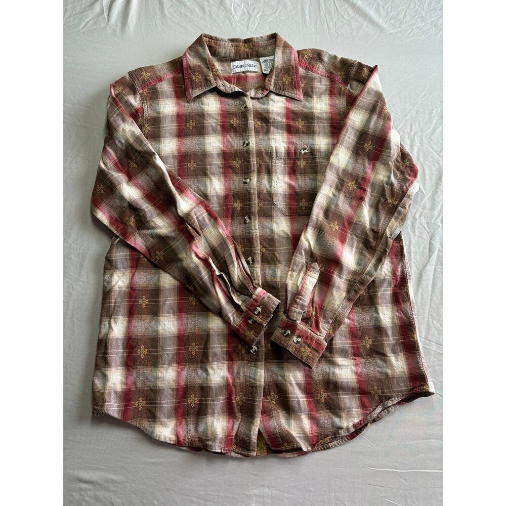 Vintage Cabin Creek Brown Plaid Button Down Flannel Shirt size Large 100% Cotton